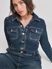 Simply Be Blue Dark Wash Wide Leg Denim Boilersuit - Image 4 of 4