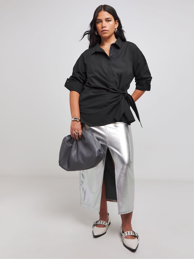 Simply Be Black Poplin Knot Front 100% Cotton Black Shirt - Image 1 of 4