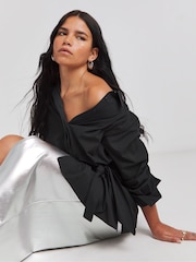 Simply Be Black Poplin Knot Front 100% Cotton Black Shirt - Image 3 of 4