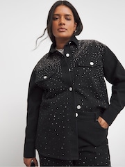 Simply Be Black Oversized Embellished Denim Shirt - Image 2 of 5