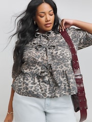 Simply Be Brown Leopard Print Tie Front Puff Sleeve Smock Top - Image 1 of 4