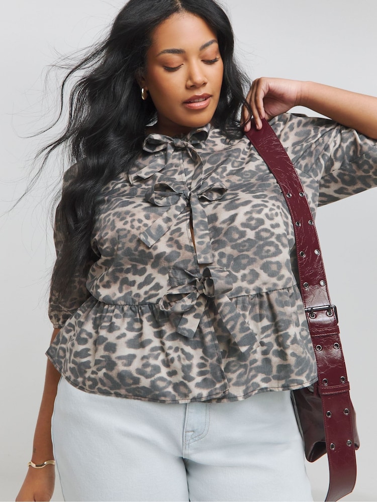 Simply Be Brown Leopard Print Tie Front Puff Sleeve Smock Top - Image 1 of 4