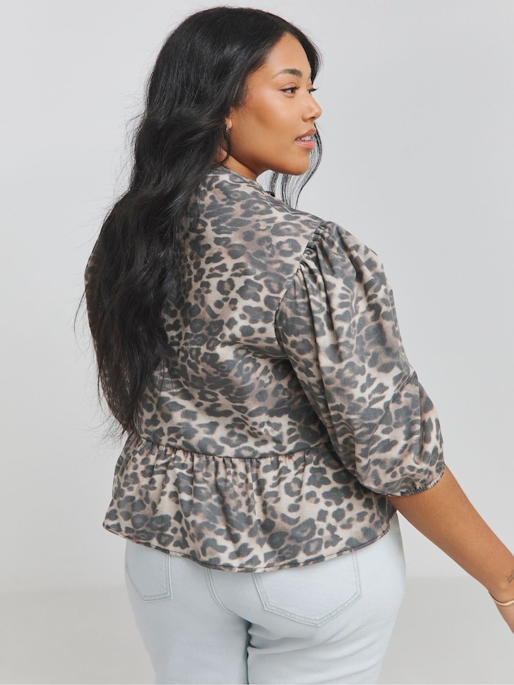 Simply Be Brown Leopard Print Tie Front Puff Sleeve Smock Top - Image 2 of 4