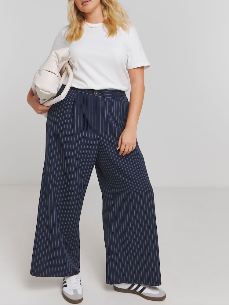 Simply Be Blue Pinstripe Tailored Wide Leg Trousers - Image 1 of 4