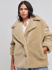 Simply Be Natural Biscuit Teddy Biker Coat - Image 1 of 4