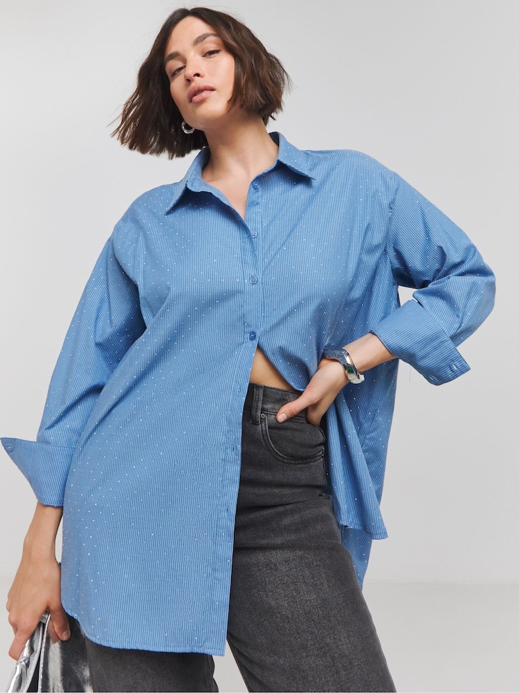 Simply Be Blue Oversized Embellished Striped Shirt - Image 1 of 4