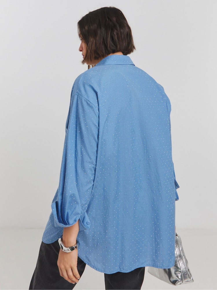 Simply Be Blue Oversized Embellished Striped Shirt - Image 2 of 4