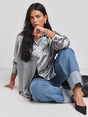 Simply Be Grey Hammered Satin Relaxed Shirt - Image 1 of 4