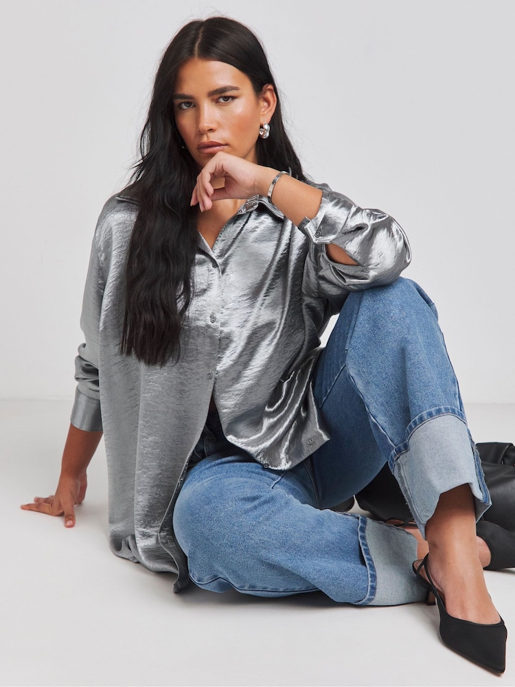 Simply Be Grey Hammered Satin Relaxed Shirt - Image 1 of 4 Simply Be Grey Hammered Satin Relaxed Shirt - Image 1 of 4