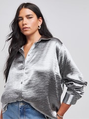 Simply Be Grey Hammered Satin Relaxed Shirt - Image 3 of 4
