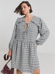 Simply Be Black Checked Collar Bow Front Smock Dress - Image 1 of 4