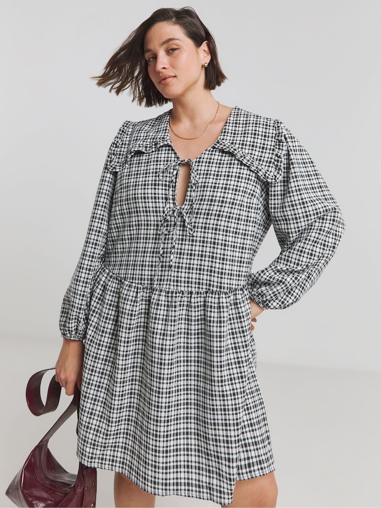 Simply Be Black Checked Collar Bow Front Smock Dress - Image 1 of 4