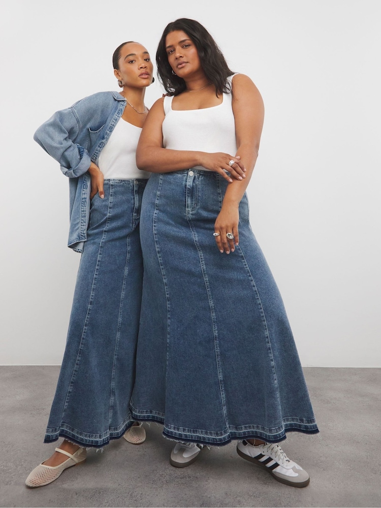 Simply Be Blue Fit and Flare Denim Maxi Skirt - Image 1 of 4
