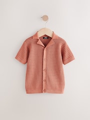 Rust Brown Textured Revere Collar Short Sleeve Knitted 100% Cotton Polo Shirt (3mths-7yrs) - Image 1 of 4