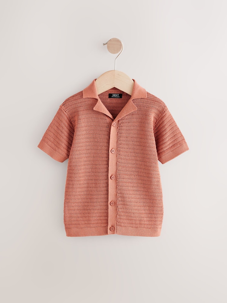 Rust Brown Textured Revere Collar Short Sleeve Knitted 100% Cotton Polo Shirt (3mths-7yrs) - Image 1 of 4