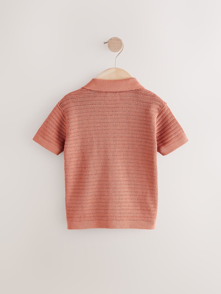Rust Brown Textured Revere Collar Short Sleeve Knitted 100% Cotton Polo Shirt (3mths-7yrs) - Image 2 of 4 Rust Brown Textured Revere Collar Short Sleeve Knitted 100% Cotton Polo Shirt (3mths-7yrs) - Image 2 of 4