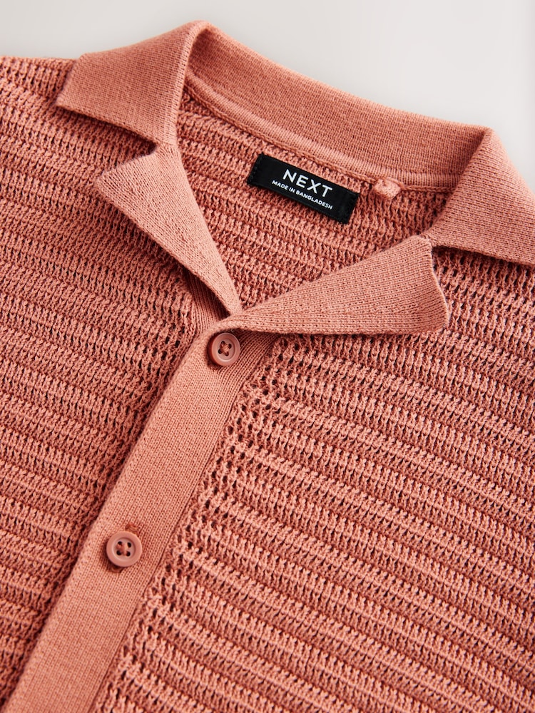 Rust Brown Textured Revere Collar Short Sleeve Knitted 100% Cotton Polo Shirt (3mths-7yrs) - Image 3 of 4