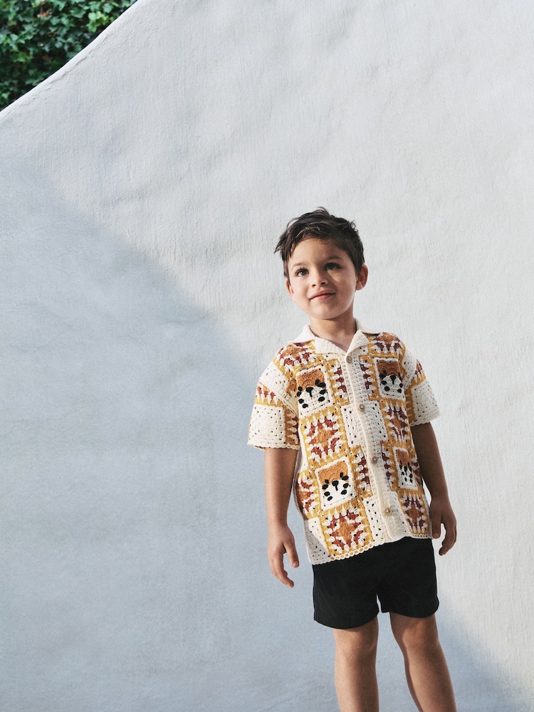 Orange/Neutral Tiger Crochet Revere Collar Short Sleeve Knitted Polo Shirt (3mths-7yrs) - Image 1 of 8