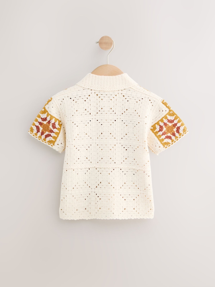 Orange/Neutral Tiger Crochet Revere Collar Short Sleeve Knitted Polo Shirt (3mths-7yrs) - Image 2 of 8