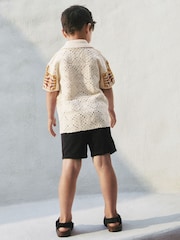 Orange/Neutral Tiger Crochet Revere Collar Short Sleeve Knitted Polo Shirt (3mths-7yrs) - Image 3 of 8