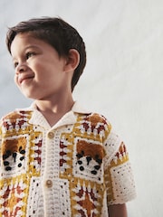 Orange/Neutral Tiger Crochet Revere Collar Short Sleeve Knitted Polo Shirt (3mths-7yrs) - Image 4 of 8
