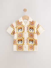 Orange/Neutral Tiger Crochet Revere Collar Short Sleeve Knitted Polo Shirt (3mths-7yrs) - Image 5 of 8