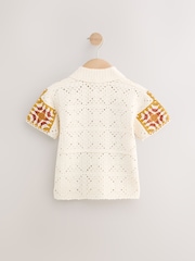 Orange/Neutral Tiger Crochet Revere Collar Short Sleeve Knitted Polo Shirt (3mths-7yrs) - Image 6 of 8