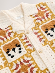 Orange/Neutral Tiger Crochet Revere Collar Short Sleeve Knitted Polo Shirt (3mths-7yrs) - Image 8 of 8