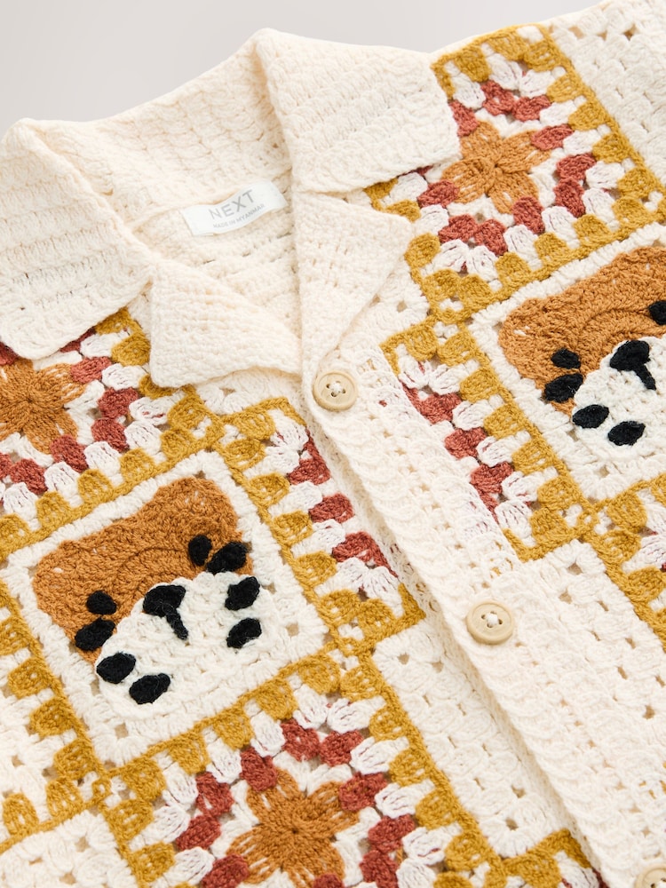 Orange/Neutral Tiger Crochet Revere Collar Short Sleeve Knitted Polo Shirt (3mths-7yrs) - Image 8 of 8