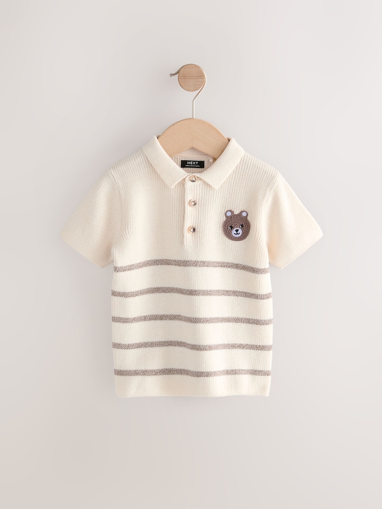 Neutral Bear Button Neck Knitted 100% Cotton Polo Shirt (3mths-7yrs) - Image 1 of 4 Neutral Bear Button Neck Knitted 100% Cotton Polo Shirt (3mths-7yrs) - Image 1 of 4