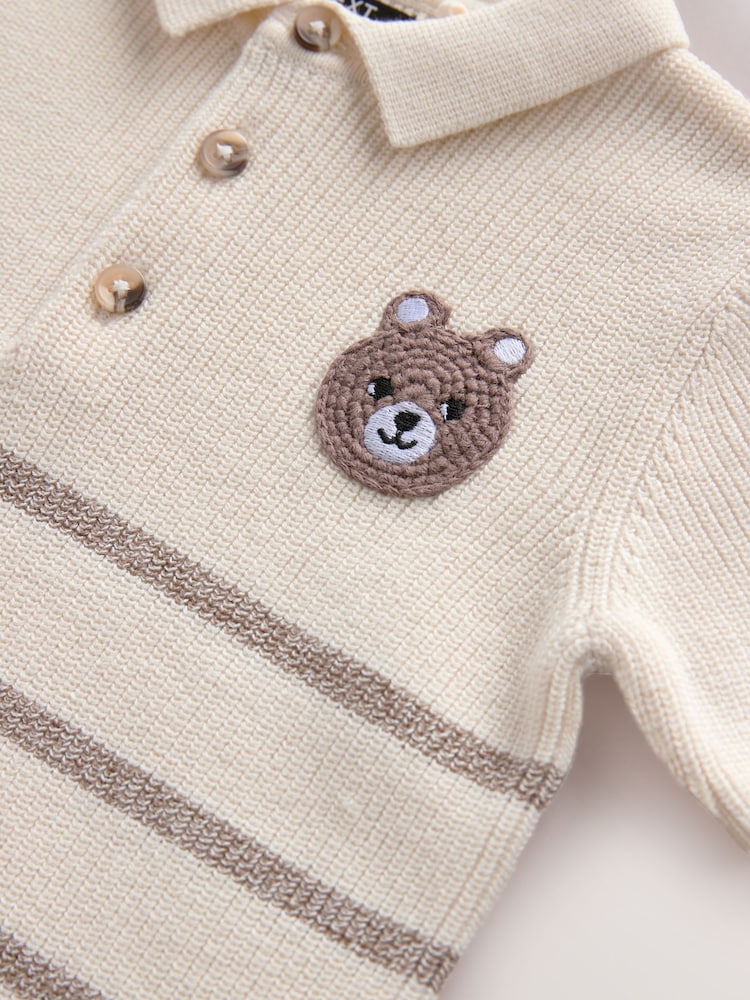 Neutral Bear Button Neck Knitted 100% Cotton Polo Shirt (3mths-7yrs) - Image 3 of 4