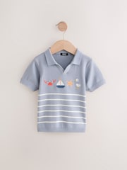 Blue Beach Stripe 100% Cotton Trophy Neck Short Sleeve Knitted Polo Shirt (3mths-7yrs) - Image 1 of 4