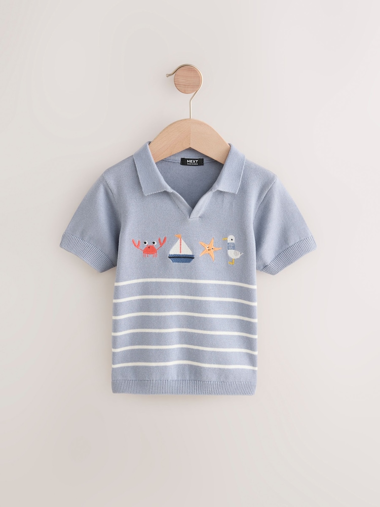 Blue Beach Stripe 100% Cotton Trophy Neck Short Sleeve Knitted Polo Shirt (3mths-7yrs) - Image 1 of 4
