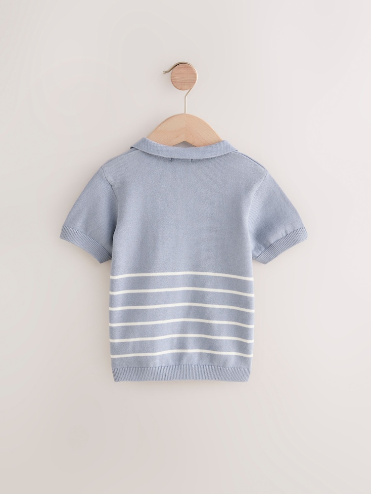 Blue Beach Stripe 100% Cotton Trophy Neck Short Sleeve Knitted Polo Shirt (3mths-7yrs) - Image 2 of 4