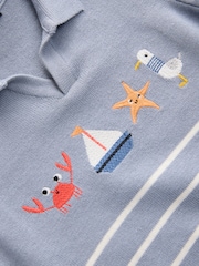 Blue Beach Stripe 100% Cotton Trophy Neck Short Sleeve Knitted Polo Shirt (3mths-7yrs) - Image 3 of 4