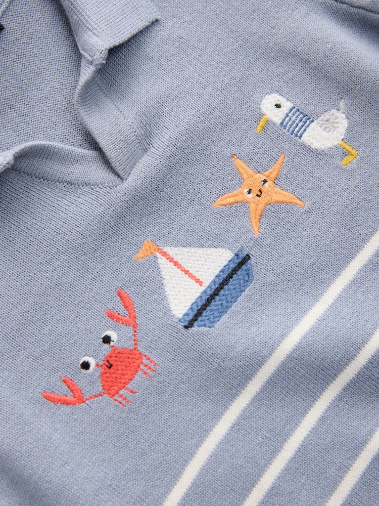 Blue Beach Stripe 100% Cotton Trophy Neck Short Sleeve Knitted Polo Shirt (3mths-7yrs) - Image 3 of 4