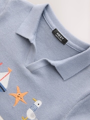Blue Beach Stripe 100% Cotton Trophy Neck Short Sleeve Knitted Polo Shirt (3mths-7yrs) - Image 4 of 4