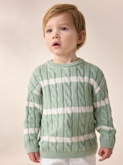 Sage Green Stripe Cable Knit Crew Neck Jumper (3mths-7yrs) - Image 1 of 4