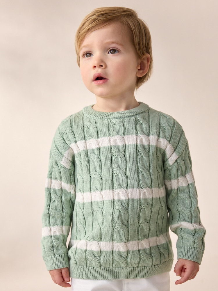 Sage Green Stripe Cable Knit Crew Neck Jumper (3mths-7yrs) - Image 1 of 4