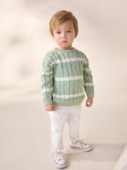 Sage Green Stripe Cable Knit Crew Neck Jumper (3mths-7yrs) - Image 2 of 4