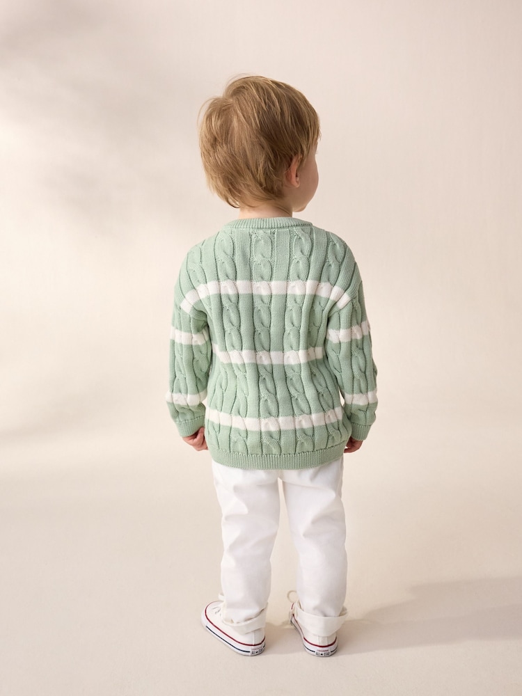 Sage Green Stripe Cable Knit Crew Neck Jumper (3mths-7yrs) - Image 3 of 4
