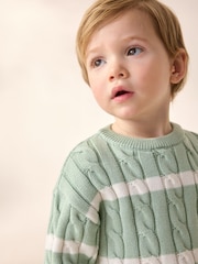Sage Green Stripe Cable Knit Crew Neck Jumper (3mths-7yrs) - Image 4 of 4