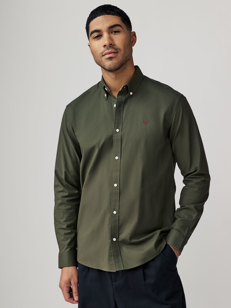 Khaki Green Stretch Oxford Long Sleeve Shirt - Image 1 of 7