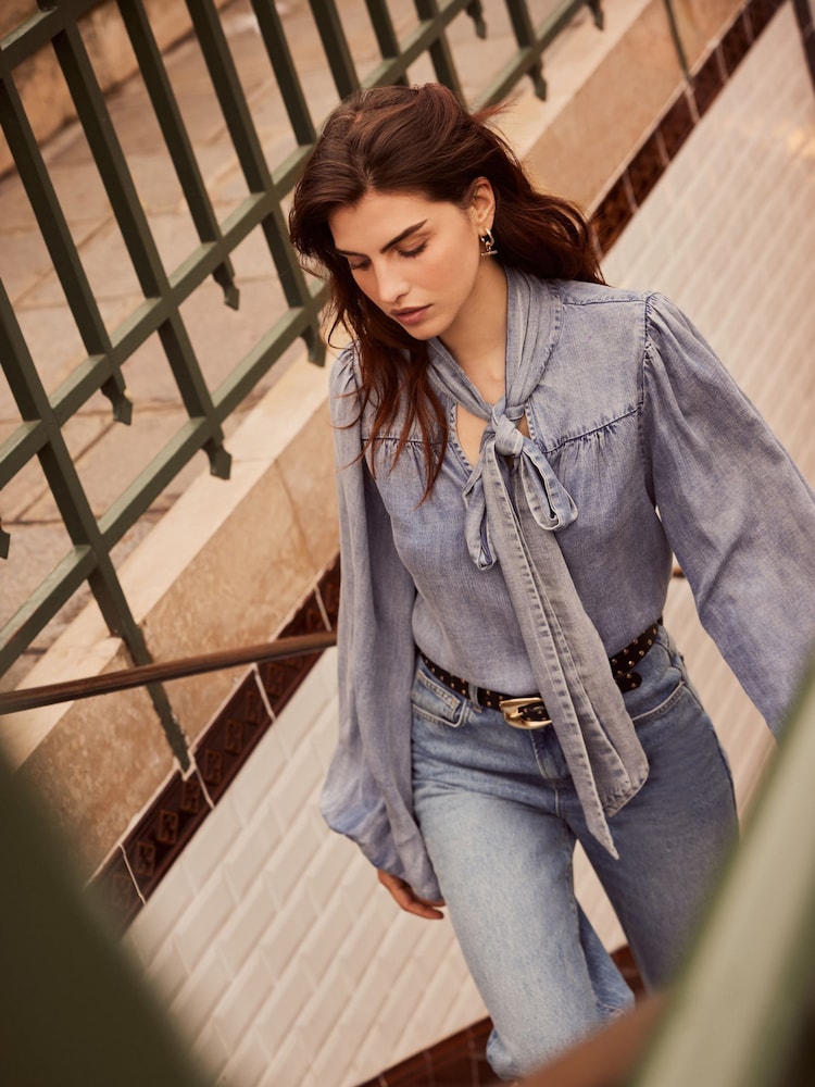 Mint Velvet Blue Denim Bow Blouse - Image 1 of 4