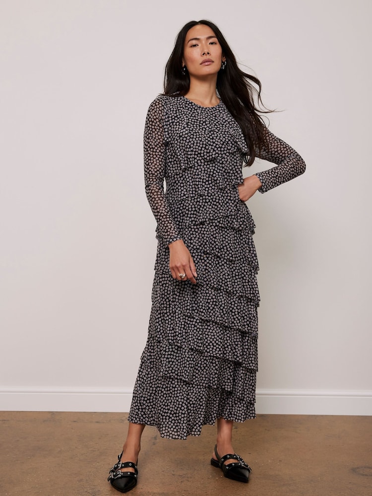 Mint Velvet Black Spot Print Ruffle Midi Dress - Image 1 of 4