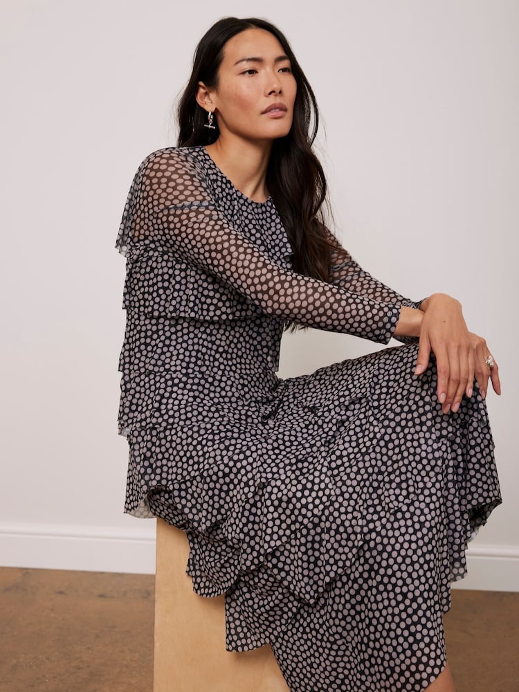 Mint Velvet Black Spot Print Ruffle Midi Dress - Image 2 of 4