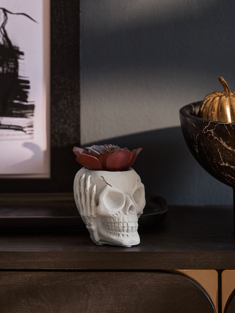 Purple Artificial Succulent In Spooky Halloween Skull - Image 1 of 4 Purple Artificial Succulent In Spooky Halloween Skull - Image 1 of 4