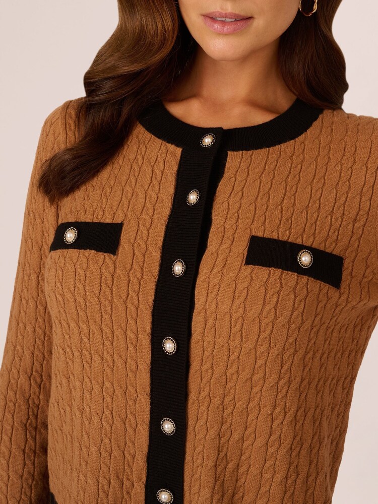 Adrianna Papell Lady Natural Like Col rond Contrast Cable Cardigan Chandail - Image 4 of 7