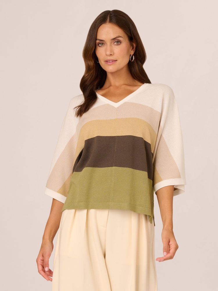Adrianna Papell V-Neck Colour Blocked Seed Stitch Short Dolman Sleeve Sweat Top - Image 1 of 7 Adrianna Papell V-Neck Colour Blocked Seed Stitch Short Dolman Sleeve Sweat Top - Image 1 of 7