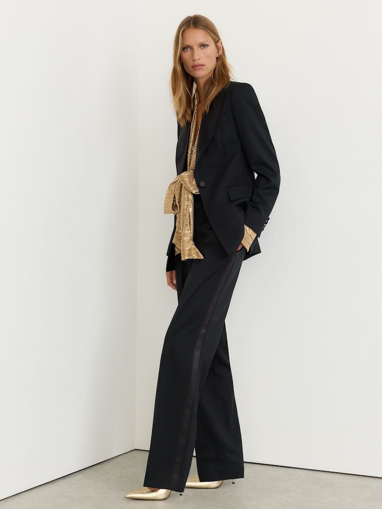 Reiss Black Dakota Petite Wool-Blend Straight-Leg Tuxedo Trousers - Image 1 of 9 Reiss Black Dakota Petite Wool-Blend Straight-Leg Tuxedo Trousers - Image 1 of 9